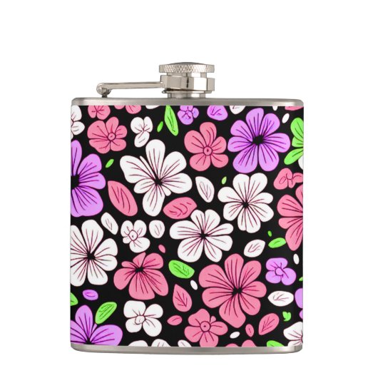 Purple and Pink Flowers and Petals Pattern Black Flachmann (Vorderseite)