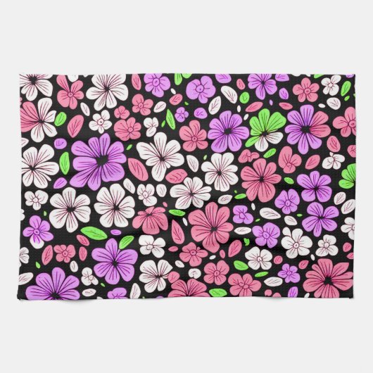Purple and Pink Flowers and Petals Pattern Black Geschirrtuch (Horizontal)