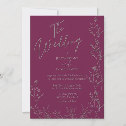 Purple and saga green thick wedding Invitation Einladung (Vorderseite)