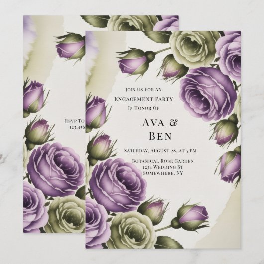 Purple and Sage Green Roses Engagement Party Einladung (Vorne/Hinten)
