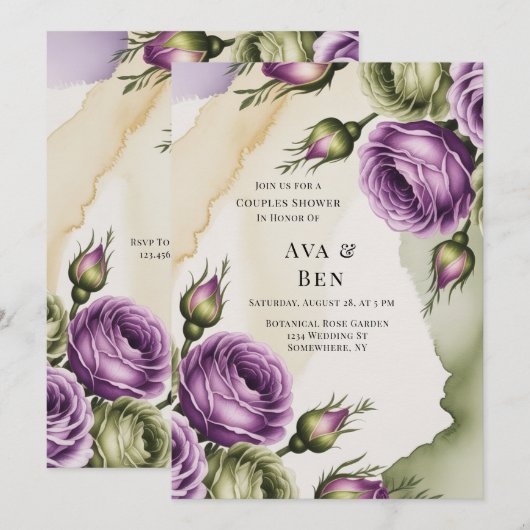 Purple and Sage Green Roses Painted Couples Shower Einladung (Vorne/Hinten)