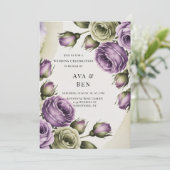 Purple and Sage Green Roses Painted Wedding Einladung (Stehend Vorderseite)