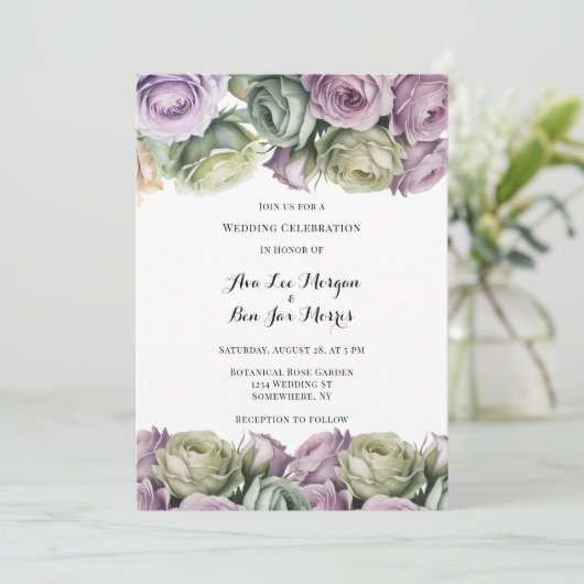 Purple and Sage Green Roses Painted Wedding Einladung (Stehend Vorderseite)
