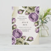 Purple and Sage Green Roses Painted Wedding Shower Einladung (Stehend Vorderseite)