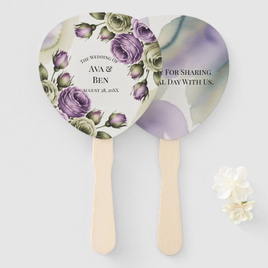 Purple and Sage Green Roses Watercolor Wedding Fächer (Vorne und Hinten)