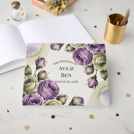 Purple and Sage Green Roses Watercolor Wedding Gästebuch
