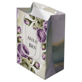 Purple and Sage Green Roses Watercolor Wedding Mittlere Geschenktüte