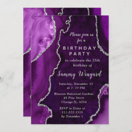 Purple and Silver Agate Marble Birthday Party Einladung