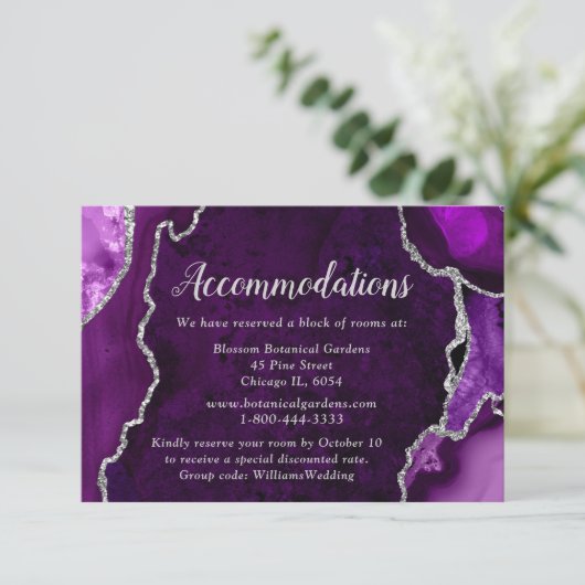 Purple and Silver Agate Wedding Accommodations Begleitkarte (Stehend Vorderseite)