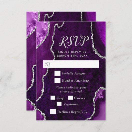Purple and Silver Agate Wedding Meal Choice RSVP Karte (Vorne/Hinten)