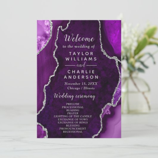 Purple and Silver Agate Wedding Program Programm (Stehend Vorderseite)