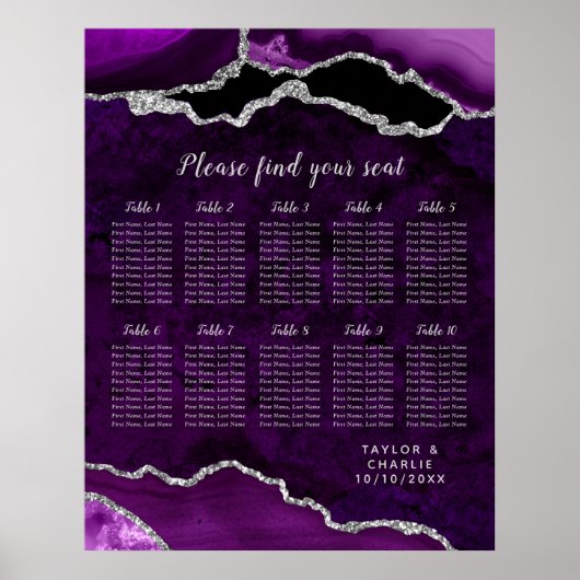 Purple and Silver Agate Wedding Seating Chart Poster (Vorne)