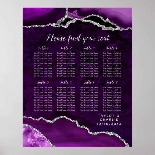 Purple and Silver Agate Wedding Seating Chart Poster (Vorne)