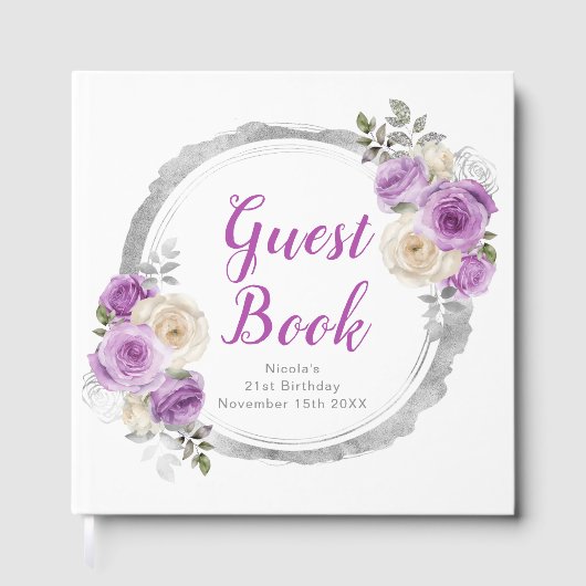 Purple and Silver Elegant Flowers Birthday Party Gästebuch (Vorderseite)