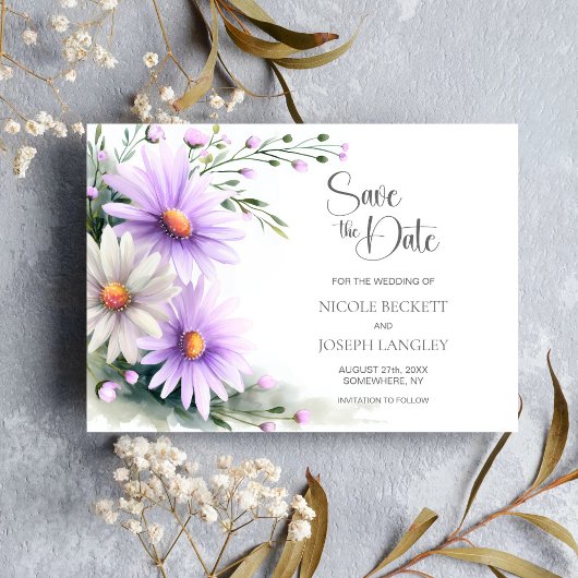 Purple and White Daisies Wedding Save the Date
