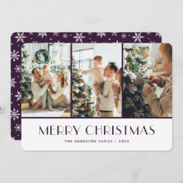 Purple and White Snowflakes Photo Christmas Card Feiertagskarte