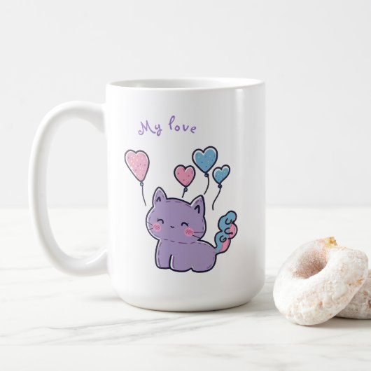 Purple anime kitten and hearts, personalized kaffeetasse (Mit Donut)