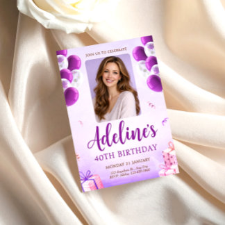 Purple Balloon Photo 40th Birthday for Women Einladung