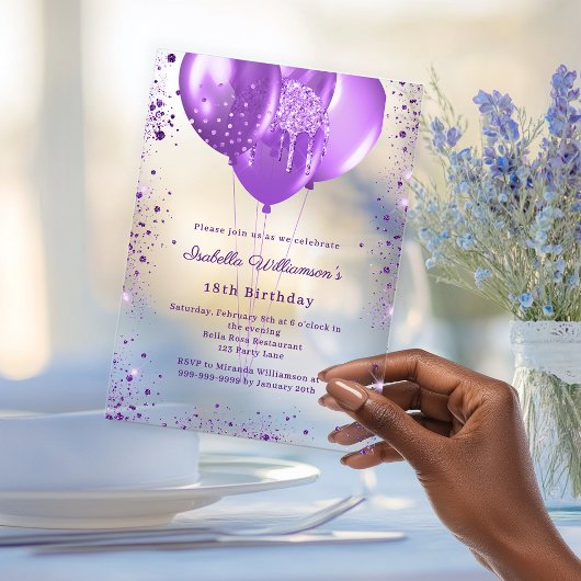 Purple balloons luxury birthday clear acryleinladungen