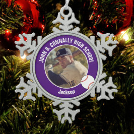 Purple Baseball Player Photo High School Schneeflocken Zinn-Ornament