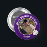 Purple Baseball Player Photo High School Spirit Button<br><div class="desc">This cool customized high school baseball player photo gift features white typography of your team and player name on a purple button with a ball. Personalize with your student's photograph and class year as a proud sports parent. A mom and dad can wear these buttons to sports games.</div>