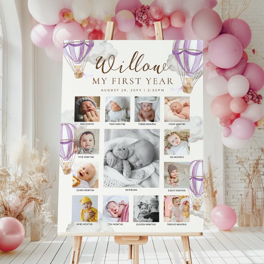 Purple Beary First Birthday Photo Timeline Poster
