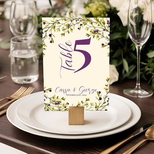 Purple Berry Rustic Greenery Wedding Table Number Dankeskarte