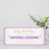 Purple Birthday Driving Lessons Gift Voucher Card Einladung (Stehend Vorderseite)