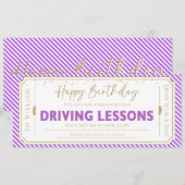 Purple Birthday Driving Lessons Gift Voucher Card Einladung (Vorne/Hinten)