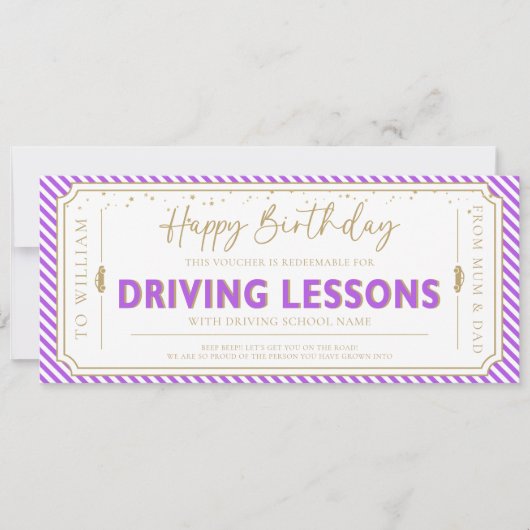 Purple Birthday Driving Lessons Gift Voucher Card Einladung (Vorderseite)