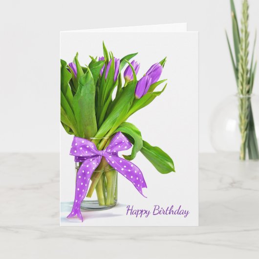 purple birthday tulip bouquet on white karte (Vorderseite)