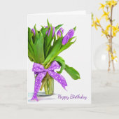 purple birthday tulip bouquet on white karte (Gelbe Blume)