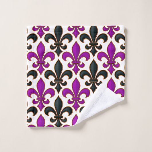 Purple Black Baroque Fleur-de-lis Pattern Design Badhandtuch Set (Waschlappen)