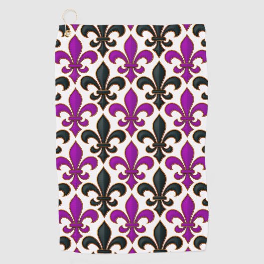 Purple Black Baroque Fleur-de-lis Pattern Design Golfhandtuch (Vorderseite)