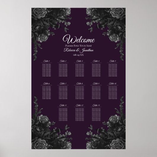 Purple Black Grey Gothic Wedding Seating Chart Poster (Vorne)