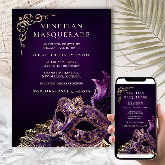 Purple Black Masquerade Ball Elegant Venetian  Einladung