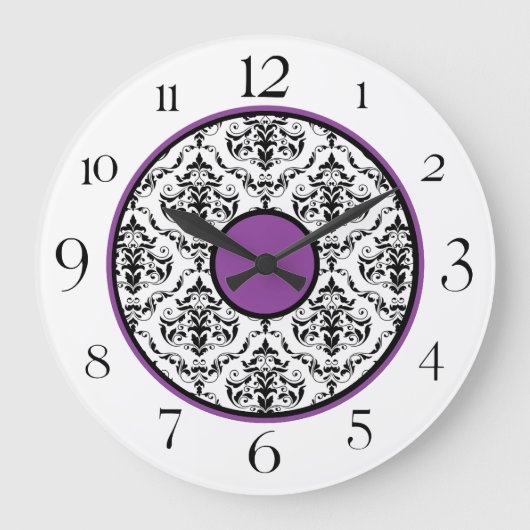 Purple Black & White Damask Elegant 10.75" Clock Große Wanduhr (Vorderseite)