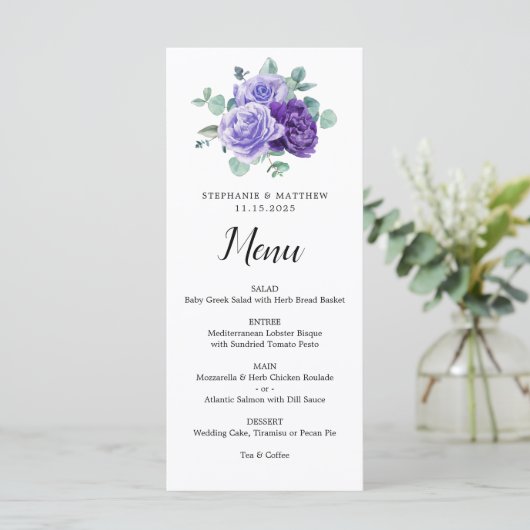 Purple Bloom Eucalyptus Botanical Wedding Menu Menükarte (Stehend Vorderseite)