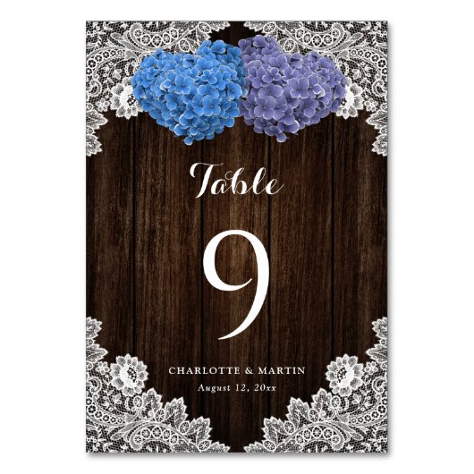 Purple Blue Floral Lace Rustic Wood Tischnummer (Vorderseite)