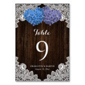 Purple Blue Floral Lace Rustic Wood Tischnummer (Rückseite)