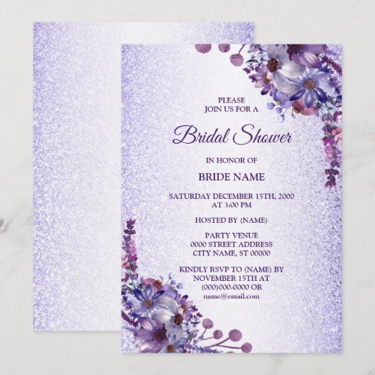 Purple Blue Pink Floral Glitter Bridal Shower Einladung (Vorne/Hinten)
