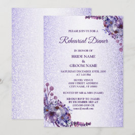 Purple Blue Pink Floral Glitter Rehearsal Dinner Einladung