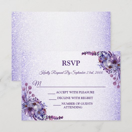 Purple Blue Pink Floral Glitter Wedding Party RSVP Karte (Vorne/Hinten)