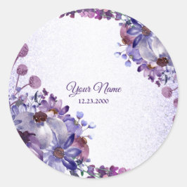 Purple Blue Pink Floral Glitter Wedding Party Runder Aufkleber
