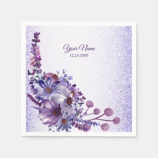 Purple Blue Pink Floral Glitter Wedding Party Serviette (Vorderseite)