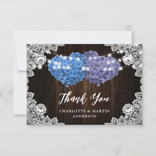 Purple Blue Rustic Wood Lace Floral Wedding Dankeskarte (Vorderseite)