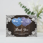 Purple Blue Rustic Wood Lace Floral Wedding Dankeskarte (Stehend Vorderseite)