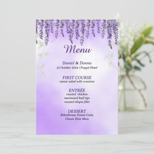 Purple Blumen | Einfaches Hochzeitmenü für Wasserf Menükarte (Stehend Vorderseite)