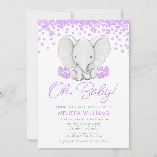 Purple Blumen Elephant Girl Baby Showroom lädt ein Einladung (Vorderseite)