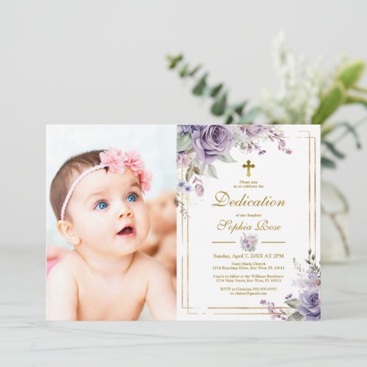 Purple Blumen & Gold Frame Foto Girl Dedication Einladung (Stehend Vorderseite)